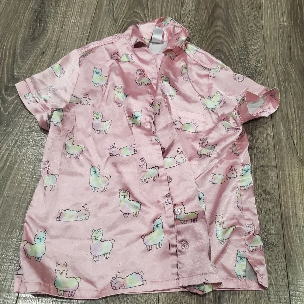Girl Pajama Set Size 7-8 Cat & Jack Pink Dress & Justice Pink Llama Pajama Shirt